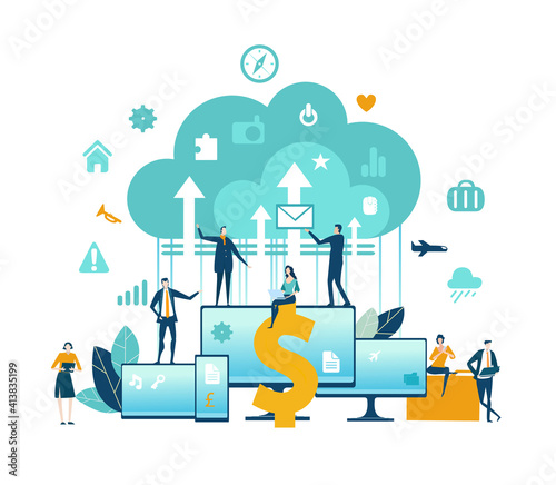 Business people working in finance, online banking concept. Big data, money management, investments, financial advising. Business concept illustration 