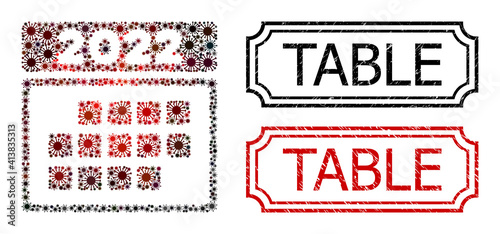 Mosaic 2022 calendar month table constructed from SARS virus icons, and grunge Table rectangle seals with notches.
