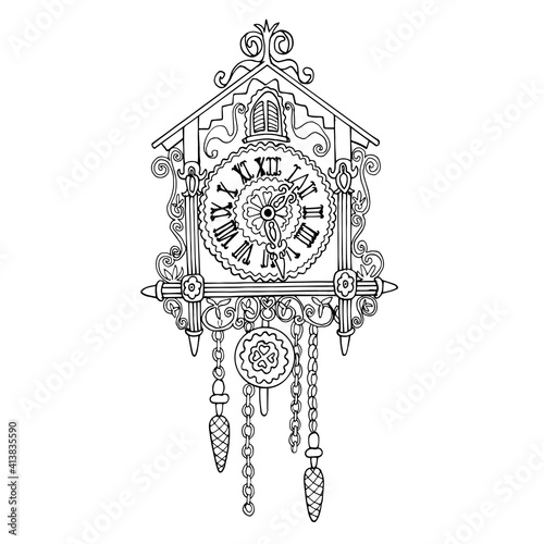 Vintage German cuckoo clock. The carved retro clock is isolated on a white background. Vector drawing in the sketch style. Coloring pages for children and adults. For home design and decoration