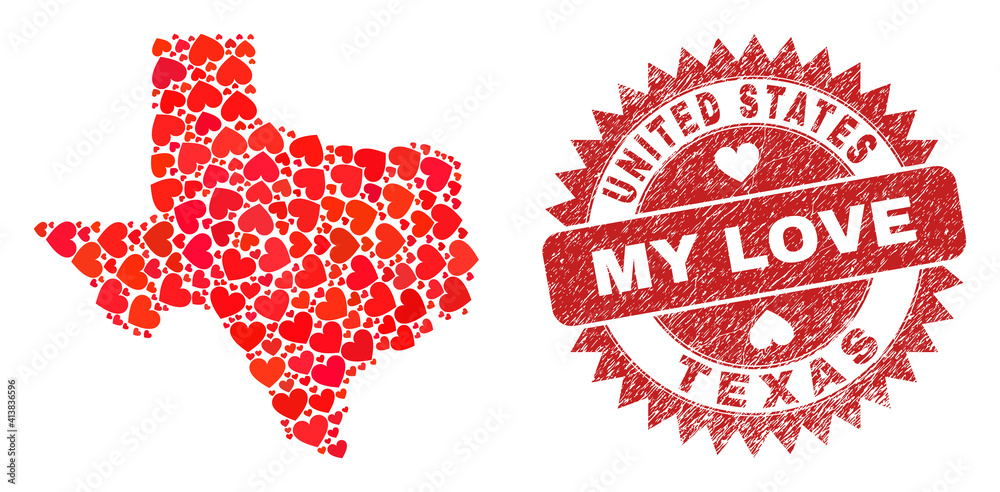 Vector collage Texas State map of lovely heart items and grunge My Love ...