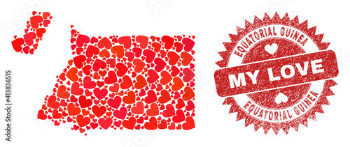 Vector collage Equatorial Guinea map of valentine heart items and grunge My Love stamp. Mosaic geographic Equatorial Guinea map created with valentine hearts.