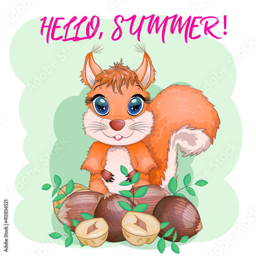 Cute cartoon squirrel with beautiful eyes holds a nut, surrounded by nuts