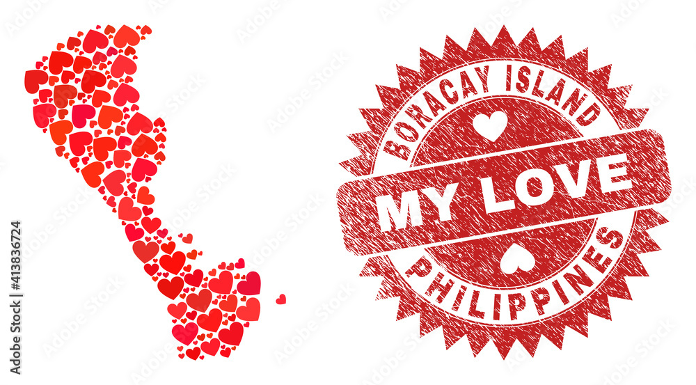 Vector collage Boracay Island map of lovely heart elements and grunge My Love badge. Mosaic geographic Boracay Island map designed with lovely hearts. Vector collage Boracay Island map of lovely heart elements and grunge My Love badge. Mosaic geographic Boracay Island map designed with lovely hearts.