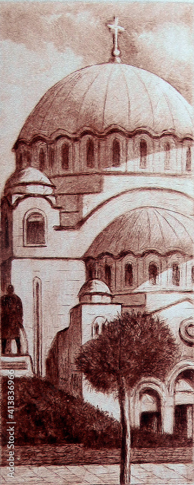 Temple of Saint Sava in Vracar. Artistic souvenir of Belgrade