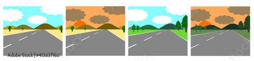 Vector set of landsVector set of landscapes of roads on both sides of the desert and grassland. During the daytime and at sunset It's a simple cartoon. It's frat design. There are four pictures.