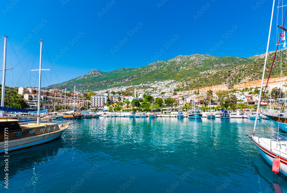 Kalkan Marina view from sea. Kalkan is a town on the Turkish Mediterranean coast, and an important tourist destination.