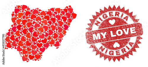 Vector mosaic Nigeria map of valentine heart items and grunge My Love seal stamp. Mosaic geographic Nigeria map constructed with love hearts.