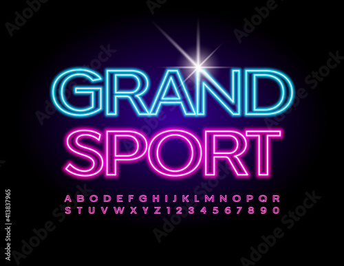 Vector neon emblem Grand Sport. Glowing light Font. Electric Alphabet Letters and Numbers set
