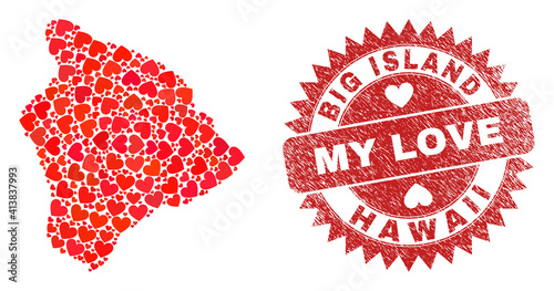 Vector collage Hawaii Big Island map of lovely heart items and grunge My Love seal stamp. Collage geographic Hawaii Big Island map designed with love hearts.
