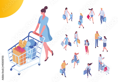 Isometric peiple on shopping. Men and women with shopping bag, shopping cart photo