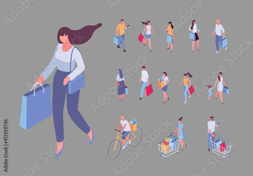 Isometric peiple on shopping. Men and women with shopping bag, shopping cart photo