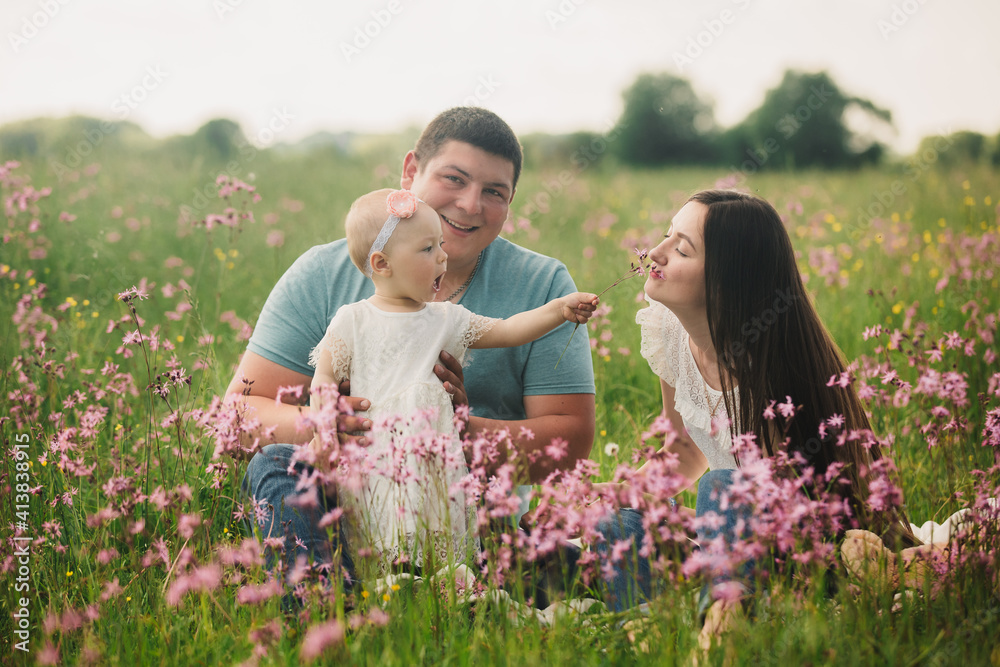 Family enjoying life together in the summer field with wild flowers. Happy young family outdoors. Mother, father are hugging their daughter and having fun in nature. family summer holiday Family enjoying life together in the summer field with wild flowers. Happy young family outdoors. Mother, father are hugging their daughter and having fun in nature. family summer holiday