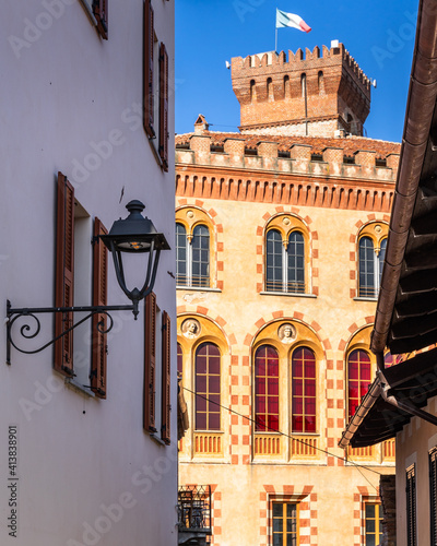 Scenic view of the tower of Castle of Barolo, now hosting the Wimu wine museum, Barolo, Italy photo