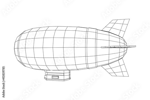 Airship dirigible airway travel transport. Air ship with gondola cabin. Wireframe low poly mesh vector illustration.
