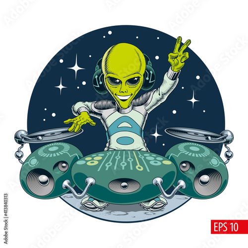 Alien dj character in outer space. Cute green extraterrestrial humanoid with futuristic vinyl record turntable. Electronic music festival concept. Comic style vector illustration.