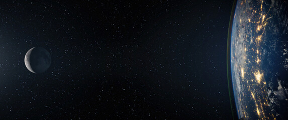 Full moon. and planet Earth against the background of the starry sky. Space background with Earth and satellite Moon. Elements of this image furnished by NASA.