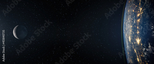 Fototapeta Naklejka Na Ścianę i Meble -  Full moon. and planet Earth against the background of the starry sky. Space background with Earth and satellite Moon. Elements of this image furnished by NASA.