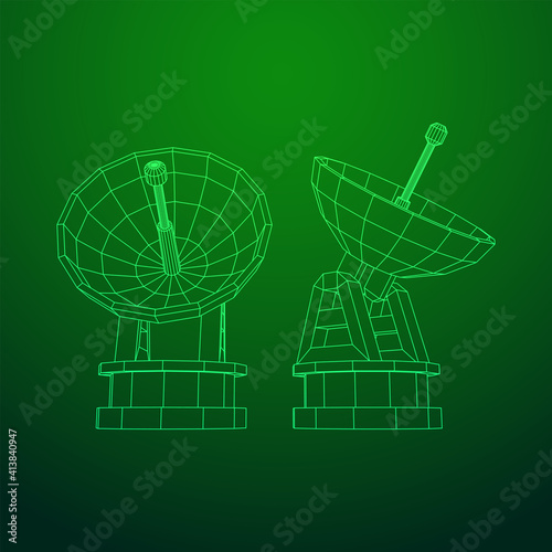 Radar. Directional radio antenna with satellite dish. Astronomy radio telescope . Wireframe low poly mesh vector illustration