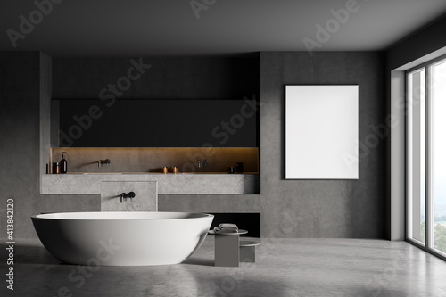 Mockup frame in dark bathroom with bathtub and sinks with mirror near window
