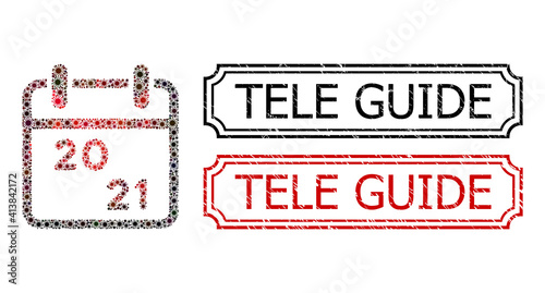 Collage 2021 calendar designed from covid-2019 elements, and grunge Tele Guide rectangle seal stamps with notches.