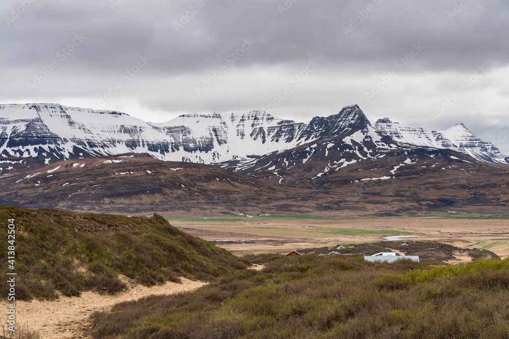 Uxahryggjavegur Iceland, Kaldidalur valley, road 52 to Fanntófell, Iceland highlands, with rough volcanic landscape Uxahryggjavegur Iceland, Kaldidalur valley, road 52 to Fanntófell, Iceland highlands, with rough volcanic landscape
