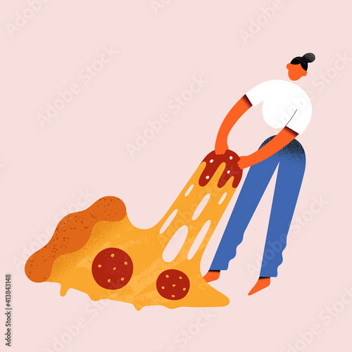 Woman with pizza slice, tiny female character holding and pulling a huge slice of pepperoni pizza, vector cartoon character