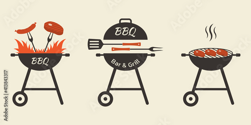 BBQ and grill icon set. Barbecue logo or badge design with fire, meat, steak, sausage, fork and spatula. Vector illustration.