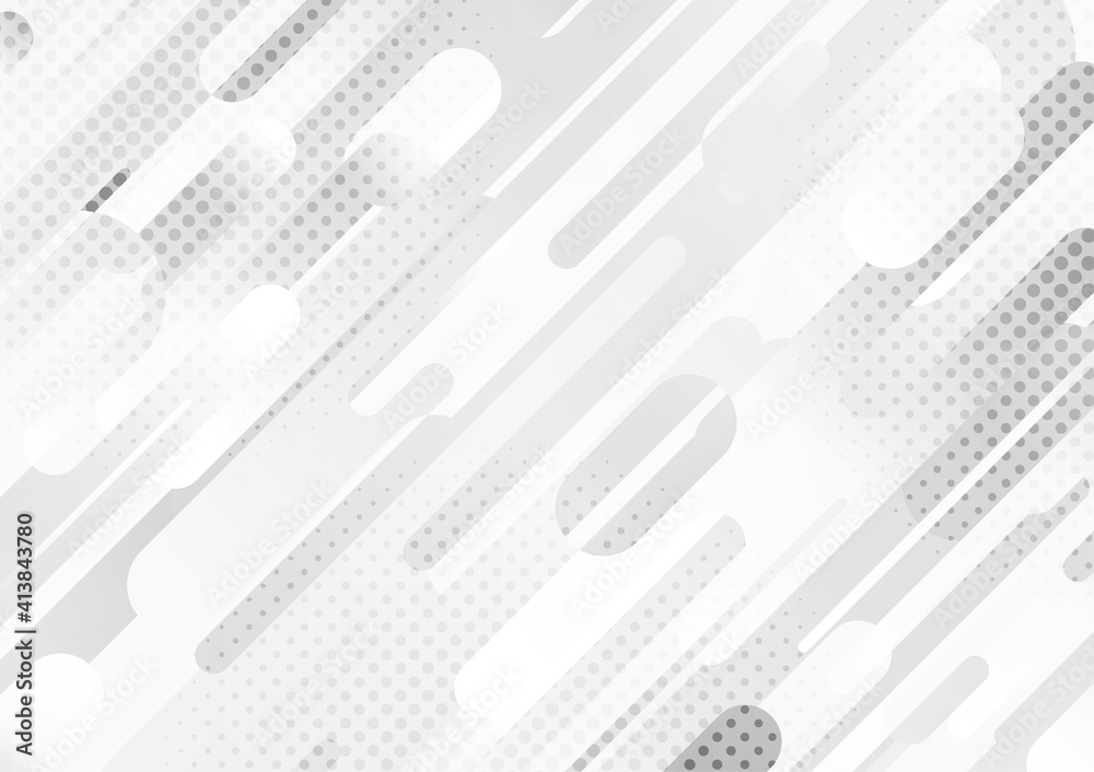 Obraz premium Abstract gradient white and gray rounded line pattern style of tech template. Overlapping design with halftone circle elements background. illustration vector