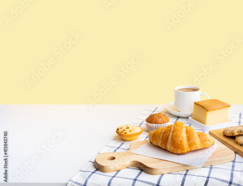 Set of breakfast food or bakery,cake on table kitchen with copy space background.cooking and eating