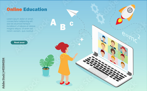 Global online education technology, study from home concept.Kid at home online studying, e-learning with classmate via remote video,web conferance on laptop computer. Isometric vector.