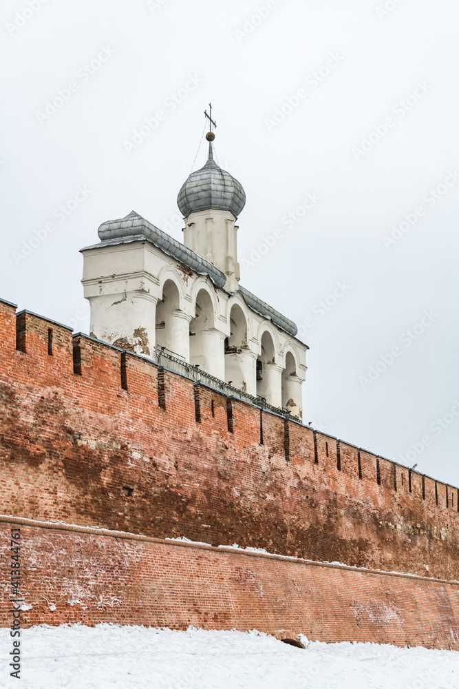 The temple behind the walls of the Novgorod Kremlin