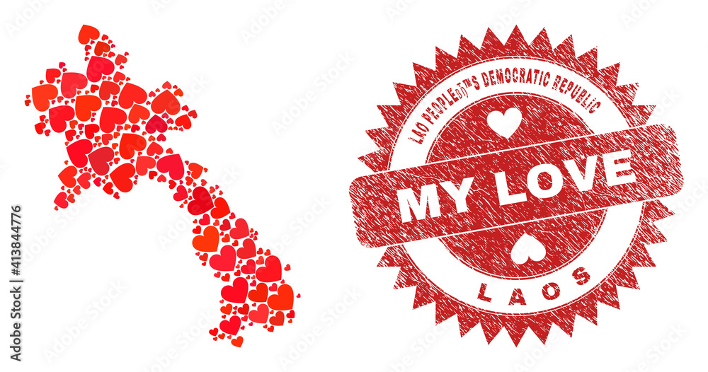 Vector mosaic Laos map of lovely heart elements and grunge My Love seal stamp. Collage geographic Laos map created with love hearts. Red rosette stamp with unclean rubber texture and my love caption. Vector mosaic Laos map of lovely heart elements and grunge My Love seal stamp. Collage geographic Laos map created with love hearts. Red rosette stamp with unclean rubber texture and my love caption.