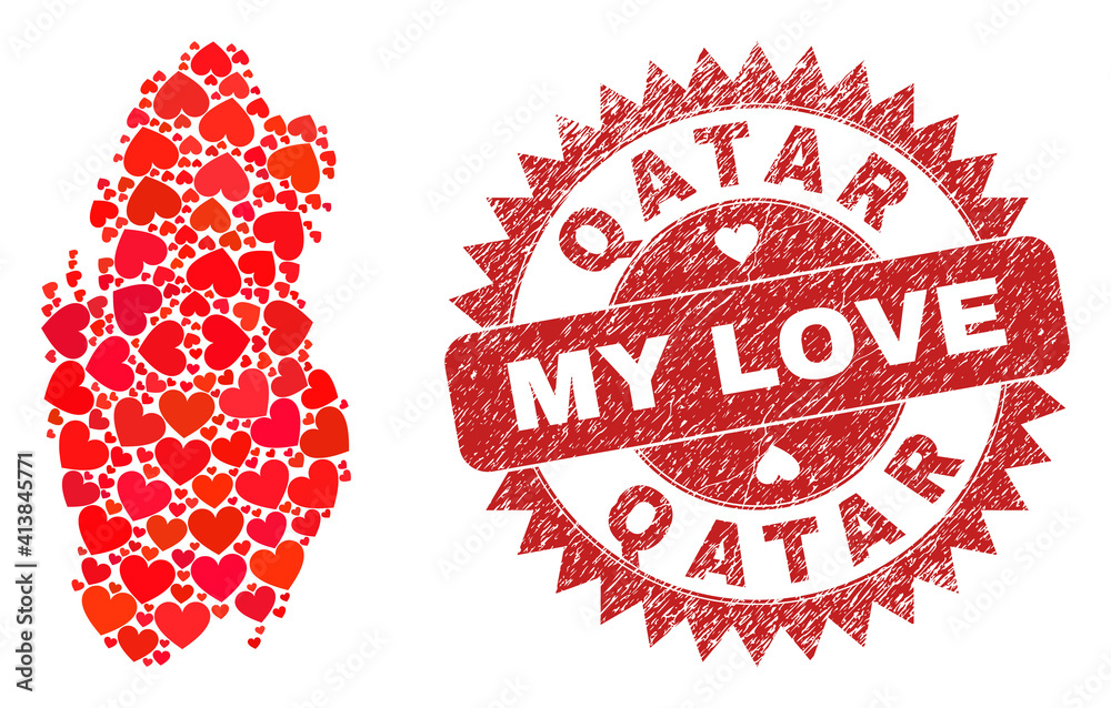Vector collage Qatar map of love heart items and grunge My Love seal stamp. Collage geographic Qatar map created with lovely hearts. Red rosette stamp with scratched rubber texture and my love tag. Vector collage Qatar map of love heart items and grunge My Love seal stamp. Collage geographic Qatar map created with lovely hearts. Red rosette stamp with scratched rubber texture and my love tag.