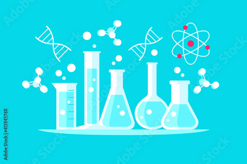 Chemical LABORATORY GLASSWARE composition with SCIENCE SYMBOLS. Flasks, test tubes equipment. Flat VECTOR illustration on blue background. Science, chemistry lesson, lab test.
