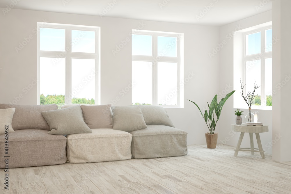 Fototapeta premium White living room with sofa and summer landscape in window. Scandinavian interior design. 3D illustration