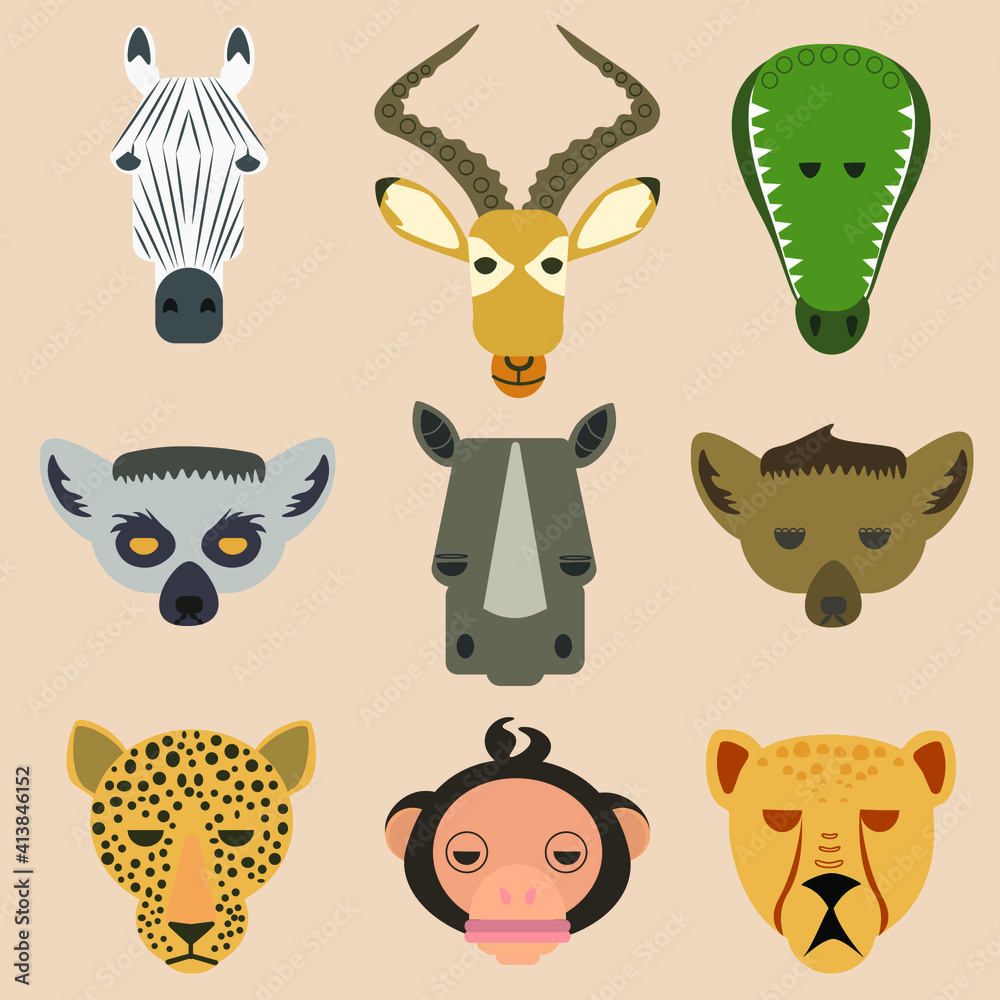 Obraz premium Set of African animals. Zebra, antelope, crocodile, hyena, rhinoceros, cheetah, monkey. Vector
