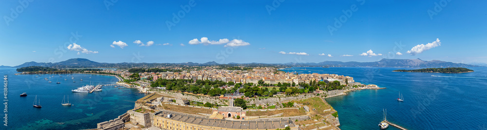 Corfu island panorama as seen from above the old venetian fortress. Corfu also known as Kerkyra Island in Greece