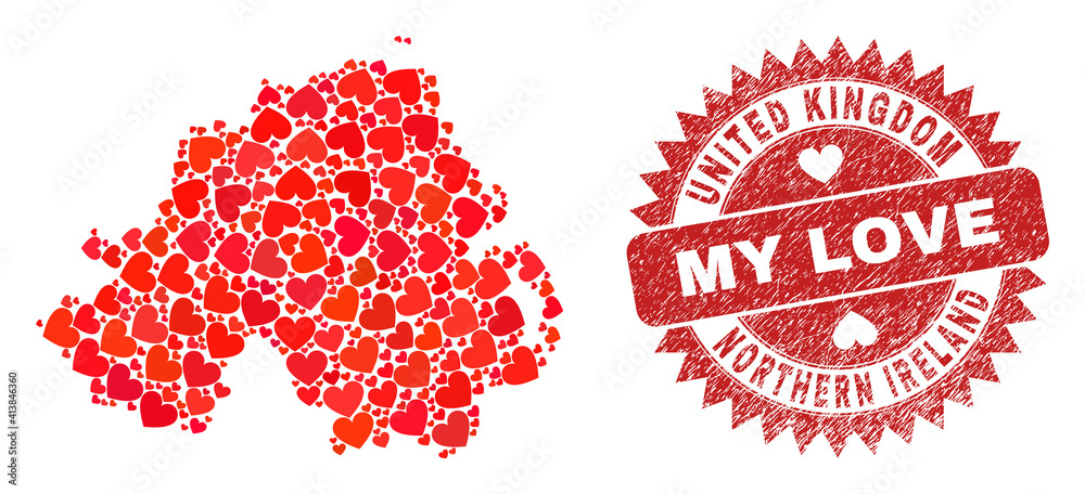 Vector collage Northern Ireland map of valentine heart items and grunge My Love badge. Collage geographic Northern Ireland map designed with valentine hearts. Vector collage Northern Ireland map of valentine heart items and grunge My Love badge. Collage geographic Northern Ireland map designed with valentine hearts.
