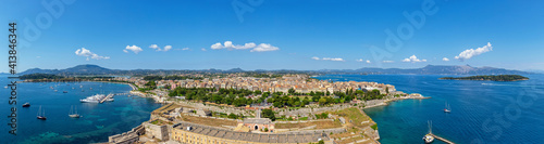 Corfu island panorama as seen from above the old venetian fortress. Corfu also known as Kerkyra Island in Greece