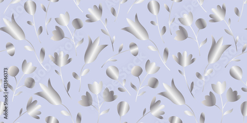 Vector silver and blue seamless pattern with hand drawn flowers and tulips. Beautiful floral background. Modern gold glitter texture.