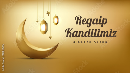 Islamic Crescent design for the Muslim holiday, feast. Religious days. (Turkish: Regaip, mirac, berat, mevlit kandili. eid mubarak) Welcome Ramadan (Turkish: Hosgeldin Ramazan)Eid al-Fitr.