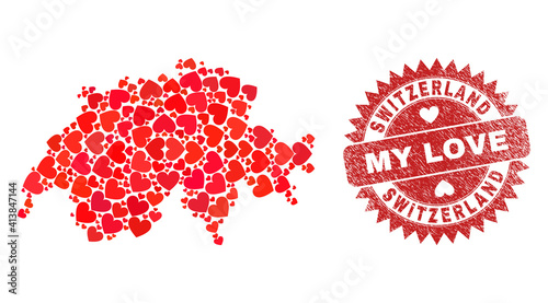 Vector collage Switzerland map of lovely heart items and grunge My Love seal. Collage geographic Switzerland map designed with love hearts.