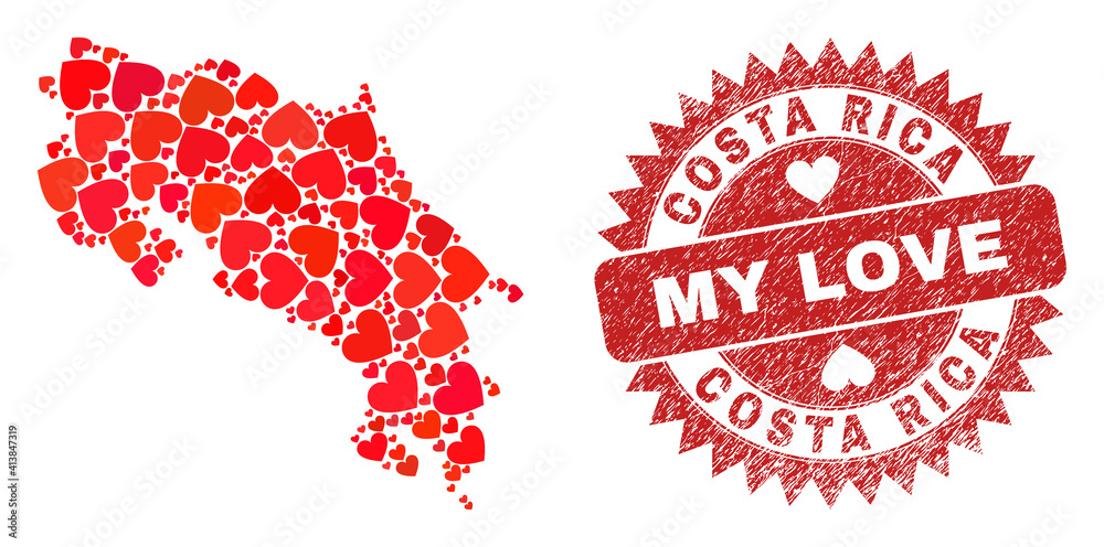 Vector collage Costa Rica map of love heart items and grunge My Love seal stamp. Collage geographic Costa Rica map created with love hearts. Vector collage Costa Rica map of love heart items and grunge My Love seal stamp. Collage geographic Costa Rica map created with love hearts.