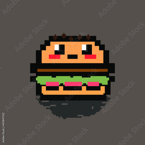 Pixel burger hamburger art cartoon retro game style. Cute Burger