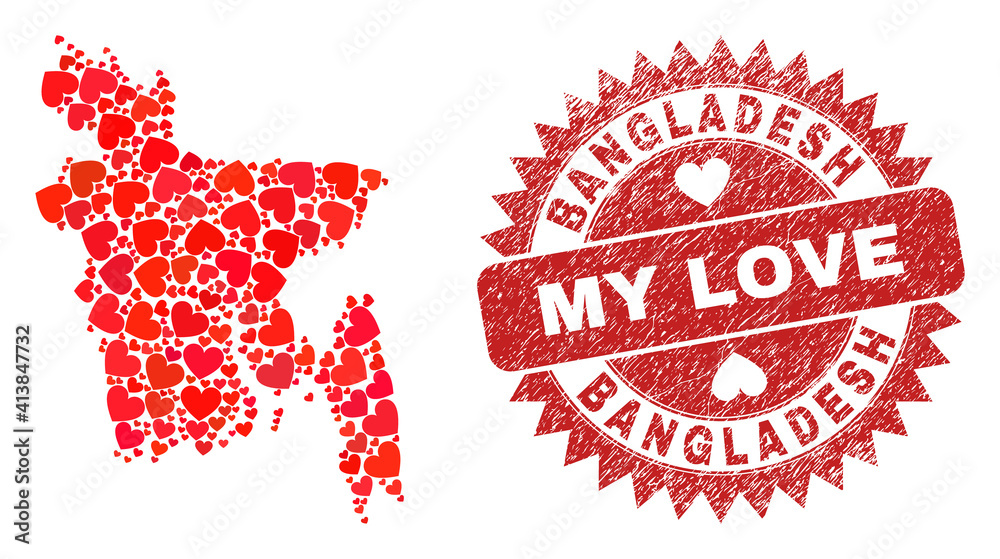 Vector mosaic Bangladesh map of love heart elements and grunge My Love badge. Mosaic geographic Bangladesh map constructed with valentine hearts. Vector mosaic Bangladesh map of love heart elements and grunge My Love badge. Mosaic geographic Bangladesh map constructed with valentine hearts.