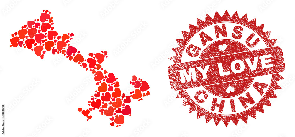 Vector mosaic Gansu Province map of lovely heart items and grunge My Love stamp. Mosaic geographic Gansu Province map designed using love hearts.