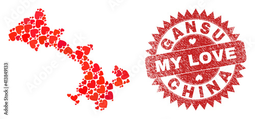 Vector mosaic Gansu Province map of lovely heart items and grunge My Love stamp. Mosaic geographic Gansu Province map designed using love hearts.