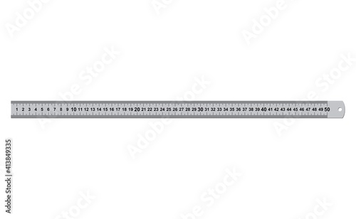Metal rulers measuring tool 50 centimeters isolated on white background. Measure cm meter instrument, school metallic inch ruler metric tools geometric equipment. Vector illustration