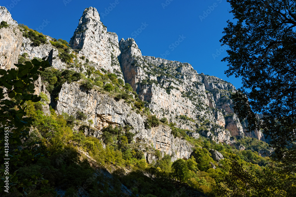 Landscape at the Vikos Gorge, listed as the deepest gorge in the world by the Guinness Book of Records, in Epirus, Greece