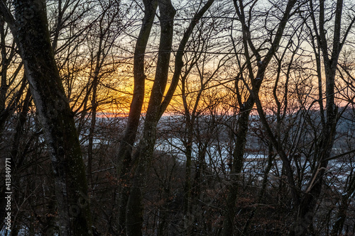 Blick durch Bäume als Silhouetten auf Sonnenuntergang © H. Rambold